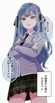  1girl aotsubaki_toto bang_dream! bang_dream!_it's_mygo!!!!! black_ribbon blue_hair commentary diagonal-striped_clothes diagonal-striped_necktie green_necktie green_skirt grey_jacket hair_ribbon haneoka_school_uniform highres jacket long_hair looking_at_viewer necktie open_mouth plaid_clothes plaid_skirt pleated_skirt ribbon school_uniform sidelocks simple_background skirt solo striped_clothes striped_necktie togawa_sakiko translation_request white_background yellow_eyes 