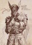  1boy abhorash armor belt cape chainmail clawed_gauntlets commentary darkos_art english_commentary fangs fangs_out helmet highres no_pupils pauldrons planted planted_sword shoulder_armor solo sword traditional_media vampire vampire_counts_(warhammer_fantasy) warhammer_fantasy weapon winged_helmet 