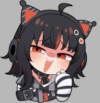 1girl ahoge animal_ear_headphones animal_ears arm_belt asymmetrical_sleeves belt_collar black_choker black_hair black_sweater cat_ear_headphones cat_ears chibi choker collar eyeball_hair_ornament fake_animal_ears furrowed_brow grey_background headphones highres long_sleeves looking_at_viewer mahou_shoujo_no_majo_saiban multicolored_hair nanachides open_mouth orange_eyes orange_streaks portrait sawatari_coco sharp_teeth shirt short_hair simple_background sleeveless sleeveless_shirt solo streaked_hair striped_sleeves sweater teeth white_shirt 