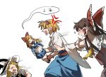  3girls absurdres aihara-rina alice_margatroid anger_vein artist_name ascot blue_dress bow brown_hair capelet chest_sarashi chinese_commentary chinese_text collared_shirt commentary_request dated detached_sleeves doll dress frilled_bow frilled_hair_tubes frilled_hairband frills hair_bow hair_tubes hairband hakurei_reimu hat hat_bow highres holding holding_doll kirisame_marisa long_hair long_sleeves multiple_girls puffy_short_sleeves puffy_sleeves red_hairband red_shirt red_skirt sarashi shanghai_doll shirt short_hair short_sleeves sidelocks signature simple_background skirt sleeveless sleeveless_shirt touhou translated white_background white_bow white_capelet white_shirt white_sleeves wide_sleeves witch_hat wrist_cuffs yellow_ascot 