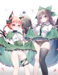  2girls ? black_bow black_panties black_thighhighs blunt_bangs bow braid breasts brown_eyes brown_hair chest_eye closed_mouth commentary_request commission dress flat_chest frilled_dress frilled_skirt frills green_bow green_dress green_skirt hair_bow highres kaenbyou_rin korean_commentary leg_up lifting_own_clothes long_hair long_sleeves multiple_girls panties red_eyes red_hair reiuji_utsuho second-party_source sia_6767 side_braids simple_background single_thighhigh skirt smile spoken_question_mark spoken_squiggle squiggle starry_sky_print thighhighs touhou twin_braids underwear white_background white_panties 