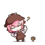 1girl ? animal_ear_piercing animal_ears bird_ears bird_girl brown_dress brown_hat chibi closed_eyes closed_mouth commentary_request dress earrings full_body hat jewelry kogata_tanishi leaning_to_the_side long_sleeves mystia_lorelei pink_hair short_hair simple_background single_earring smile solo touhou touhou_22nd_popularity_poll white_background winged_hat 