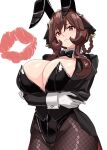  1girl absurdres animal_ears black_bow black_bowtie black_jacket black_leotard black_pantyhose blush bow bowtie braid braided_hair_rings breasts brown_hair cleavage closed_mouth commentary_request crossed_arms ear_covers ear_ornament fishnet_pantyhose fishnets gentildonna_(umamusume) gloves hair_between_eyes hair_ornament hair_rings heart_ear_ornament highres horse_ears horse_girl huge_breasts jacket kouma_(kumkouma) leotard lipstick_mark long_hair long_sleeves looking_at_viewer nontraditional_playboy_bunny pantyhose red_eyes simple_background solo umamusume white_gloves 
