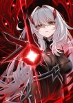  1girl attacking_viewer black_bodystocking bodystocking breasts closed_mouth commentary_request expressionless eye_symbol fingernails genshin_impact grey_hair hair_between_eyes hair_intakes highres large_breasts long_hair looking_at_viewer mon-chan powering_up ronova_(genshin_impact) sharp_fingernails solo upper_body very_long_hair white_hair yellow_eyes 