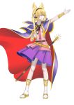  1girl absurdres belt blonde_hair brown_belt cape collared_shirt commentary_request earmuffs gold_sandals hair_ears hand_up highres holding_baton knees light_frown outstretched_arm pink_shirt purple_cape purple_skirt red_cape ritual_baton sandals scabbard sheath shirt short_sleeves simple_background skirt socks solo touhou toyosatomimi_no_miko two-sided_cape two-sided_fabric white_background white_socks xiao_xiao_xiaci yellow_eyes 