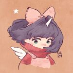  1girl bad_id bad_pixiv_id blue_hair brown_background dated eiko_carol final_fantasy final_fantasy_ix floating_hair green_eyes hair_ribbon hairband highres horns looking_at_viewer mini_wings nobu_(25mark) overalls red_sweater ribbon single_horn solo sweater turtleneck upper_body wings yellow_hairband yellow_overalls yellow_ribbon 