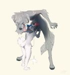  2021 accessory anthro anthro_on_anthro anthro_penetrated anthro_penetrating anthro_penetrating_anthro barefoot biped blue_bow bodily_fluids canid canine cum duo eyes_closed feet female female_penetrated ferima fur genital_fluids genitals grey_body grey_fur hair_accessory hair_bow hair_ribbon hi_res intraspecies male male/female male_penetrating male_penetrating_anthro male_penetrating_female mammal nude oral oral_penetration penetration penis pink_tongue ribbons size_difference standing tongue tongue_out white_body white_fur 