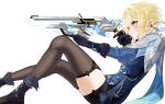  1girl aiming ay_18kusanagi blue_dress blue_feathers boots commentary dress earpiece feather_hair_ornament feathers flower from_side fur-trimmed_boots fur-trimmed_gloves fur_trim genshin_impact gloves gloves_over_sleeves gun hair_flower hair_intakes hair_ornament highres holding holding_gun holding_weapon lumine_(genshin_impact) lumine_(night_hunt_in_snow)_(genshin_impact) official_alternate_costume short_hair_with_long_locks snowflake_pupils solo thighhighs weapon white_background 