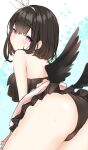  1girl ass bangs bikini black_bikini black_hair black_wings blue_archive blush breasts commentary_request emirio_(emirio110) eyebrows_visible_through_hair feathered_wings frilled_bikini frills hairband head_tilt heart low_wings mashiro_(blue_archive) purple_eyes short_hair simple_background solo sweat swimsuit white_hairband wings 