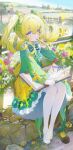  1girl absurdres black_shoes blonde_hair bow bowtie carrot_hair_ornament commentary coria drawing_board floating_hair flower food-themed_hair_ornament full_body green_bow green_bowtie green_shirt hair_flower hair_ornament hand_up highres holding holding_pencil long_sleeves looking_at_viewer original outdoors pantyhose pencil shirt shoes sitting skirt untranslatable_commentary unworn_shoes white_flower white_pantyhose yellow_skirt 