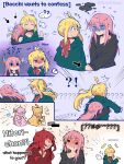  !? 3girls ? ?? ahoge bite_mark black_hoodie blonde_hair blush bocchi_the_rock! bow bowtie closed_eyes closed_mouth commentary cube_hair_ornament english_commentary english_text flying_sweatdrops gotoh_hitori green_hoodie hair_ornament hair_wagging halo head_on_another's_shoulder heart hickey highres holding_hands hood hoodie hug hug_from_behind ijichi_nijika kita_ikuyo long_hair multiple_girls niseathena open_mouth pink_hair red_bow red_bowtie red_eyes red_hair shaded_face side_ponytail sweatdrop twitter_username yuri 