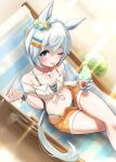 1girl absurdres animal_ears aqua_bikini azuki1matcha bare_shoulders bikini bikini_under_clothes blue_eyes blue_nails blush breasts chair closed_mouth collarbone commentary_request cup ear_scrunchie food fruit green_bikini grey_hair hair_between_eyes highres holding holding_cup holding_spoon horse_ears horse_girl horse_tail lounge_chair official_alternate_costume one_eye_closed open_clothes open_fly open_shorts orange_shorts seiun_sky_(nagisa_no_kimagure_orange)_(umamusume) seiun_sky_(umamusume) shaved_ice shirt short_hair shorts sitting small_breasts smile spoon swimsuit tail tongue tongue_out umamusume watermelon white_shirt 
