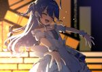  1girl :d absurdres ahoge amamiya_kokoro amamiya_kokoro_(9th_costume) backlighting bare_shoulders bell blue_dress blue_gem blue_hair blush braid choker closed_eyes commentary criss-cross_halter detached_sleeves dress earbuds earphones fang flower frilled_wrist_cuffs frills gem hair_bell hair_flower hair_ornament hairclip halterneck highres jingle_bell long_hair looking_at_viewer lunch_boxer nijisanji open_hands open_mouth outstretched_arms sidelocks skin_fang sleeveless sleeveless_dress smile solo stage sweat tiara two_side_up virtual_youtuber white_choker white_wings wings wrist_cuffs wristband x_hair_ornament 