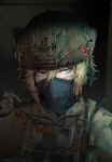  1girl black_mask blonde_hair blood bulletproof_vest combat_helmet fast_helmet green_eyes headset helmet highres mask military_combat_uniform military_uniform original paperboathat sonya_(paperboathat) tsurime union_jack 