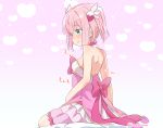  1girl :t absurdres bare_back bare_shoulders breasts chiyoda_momo closed_mouth commentary_request green_eyes hair_ornament heart heart_background highres icorasama machikado_mazoku magical_girl pink_hair pout short_hair sitting small_breasts solo twitter_username 