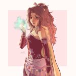  1girl aerith_gainsborough aerith_gainsborough_(terra's_garb) artist_name bare_shoulders border bracelet breasts brown_hair cape cosplay cowboy_shot detached_sleeves dress final_fantasy final_fantasy_vii final_fantasy_vii:_ever_crisis floral_print floral_print_dress green_eyes grey_border hair_bobbles hair_ornament hair_ribbon highres jewelry light_smile looking_at_viewer medium_breasts nimuello official_alternate_costume parted_bangs parted_lips pink_background ponytail print_dress red_dress red_sleeves ribbon sash sidelocks simple_background solo strapless strapless_dress terra_branford terra_branford_(cosplay) twitter_username waist_sash wavy_hair yellow_cape 