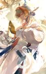  1girl absurdres arknights bare_shoulders blonde_hair chinese_commentary closed_eyes closed_mouth colored_extremities commentary_request dragon_girl dragon_horns earrings eastern_dragon_horns gohanduck grey_hair hair_intakes highres horns jewelry long_hair long_sleeves multicolored_hair palms_together pants pointy_ears praying shu_(arknights) solo tassel tassel_earrings white_pants yellow_hands 