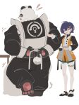  ! !! 1boy 1girl animal_ears anya's_heh_face_(meme) apron barefoot belle_(delicate_sunlight)_(zenless_zone_zero) belle_(zenless_zone_zero) black_fur blue_hair chinese_commentary commentary_request from_behind furry furry_male highres maid maid_apron maid_headdress meme multicolored_fur open_mouth pan_yinhu panda_boy panda_ears panda_tail pawpads surprised tying_apron white_background white_fur wide-eyed zenless_zone_zero zhymao 