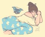  1girl ash_prater ass baggy_clothes brown_hair glasses highres medium_hair mei_(overwatch) off_shoulder on_floor overwatch pajamas pajamei pants shirt snowball_(overwatch) solo 