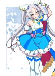  1girl asortofcolorfag blue_dress blush breasts colorized cosplay cure_sky cure_sky_(cosplay) dress earrings elf frieren gloves green_eyes highres hirogaru_sky!_precure jewelry long_hair long_pointy_ears looking_at_viewer magical_girl miyagoe_yoshitsuki open_mouth partially_fingerless_gloves petite pointy_ears precure single_earring small_breasts smile solo sousou_no_frieren thighhighs twintails two-tone_dress v variant_set very_long_hair white_dress white_gloves white_hair white_thighhighs 