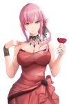 1girl alcohol bangs bare_shoulders breasts cleavage cup dress drinking_glass flower gem hair_bun hair_flower hair_ornament highres holding holding_cup hololive hololive_english jewelry large_breasts looking_at_viewer lupaan mori_calliope necklace official_alternate_costume pink_eyes pink_hair red_dress red_flower red_nails red_rose rose sidelocks simple_background skull solo strapless strapless_dress veil virtual_youtuber white_background wine wine_glass wristband 