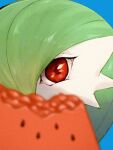 1girl blue_background bob_cut colored_skin commentary_request food fruit gardevoir green_hair hair_over_one_eye highres holding holding_food holding_fruit hotarubi_(bugkhdu) looking_at_viewer pokemon pokemon_(creature) red_eyes simple_background watermelon watermelon_slice white_skin 