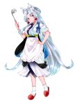  1girl absurdres animal_ear_fluff animal_ears apron closed_mouth edomura_niniko fox_ears fox_girl frilled_apron frills full_body hand_on_own_hip highres holding holding_ladle japanese_clothes kimono ladle long_hair looking_at_viewer official_art parted_bangs pink_eyes ponytail red_sandals sandals short_sleeves simple_background sleeves_pushed_up smile socks solo standing touhoku_itako transparent_background very_long_hair voiceroid waist_apron white_apron white_hair white_kimono white_socks 