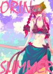  1girl absurdres bikini black_bikini black_bow bow braid breasts character_name cleavage commentary english_commentary eyewear_on_head fang green_sarong hair_bow highres kaenbyou_rin long_hair looking_at_viewer medium_breasts midriff miso_konbu navel open_mouth outdoors red_eyes red_hair round_eyewear sarong side_braids solo swimsuit tongue tongue_out touhou twin_braids 