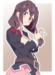  1girl absurdres blush blush_stickers border bow breasts brown_background brown_hair closed_mouth commentary_request gradient_background hair_bow highres kono_subarashii_sekai_ni_shukufuku_wo! long_hair looking_at_viewer medium_breasts necktie noyama_takenoko pink_necktie pink_skirt red_bow red_eyes skirt solo white_border yunyun_(konosuba) 