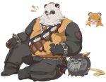  ! !! >_< 1boy 1girl 1other animal_ears barefoot black_fur black_pants blonde_hair chinese_clothes chinese_commentary claws commentary_request furry furry_male glasses highres hu_wei_(zenless_zone_zero) ju_fufu looking_to_the_side multicolored_fur non-humanoid_robot open_mouth pan_yinhu panda_boy panda_ears pants pawpads pointing pointing_at_self robot round_eyewear shirt sitting smile tiger_ears tiger_stripes white_background white_fur yellow_shirt zenless_zone_zero zhymao 