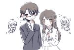  2boys 2girls blush commentary_request doodle_inset family frilled_shirt_collar frills glasses highres lapels multiple_boys multiple_girls propeller ruuya1124 saihate_eki shion's_and_aoi's_father_(saihate_eki) shion's_and_aoi's_mother_(saihate_eki) simple_background suit tatsunami_shion tenjiku_aoi upper_body white_background 