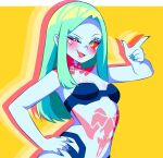  1girl aqua_hair bare_shoulders blizzard_(b1iz4rd) blue_bra blue_nails blue_panties blush bra breasts colored_sclera cyberpunk:_edgerunners cyberpunk_(series) cyborg fang fingernails green_eyes hand_on_own_hip hand_up highres l_hand long_hair looking_at_viewer multicolored_eyes narrow_waist navel neck_tattoo one_eye_closed open_mouth panties petite raised_eyebrow rebecca_(cyberpunk) red_sclera salute sharp_fingernails sidelocks simple_background skin_fang skull_tattoo small_breasts smug solo stomach stomach_tattoo tattoo underwear upper_body yellow_background 