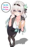  1girl absurdres arms_at_sides binder black_jacket black_pantyhose black_ribbon black_shoes black_skirt blue_eyes breasts cleavage collarbone commentary english_text facing_viewer firefly_(honkai:_star_rail) gradient_eyes gradient_hair green_hair grey_hair hair_between_eyes hair_intakes hair_ornament hair_ribbon hairband hand_on_own_face high_heels highres holding_binder honkai:_star_rail honkai_(series) id_card jacket lanyard large_breasts leaning_forward long_hair long_sleeves looking_at_viewer low_neckline maxwelzy miniskirt multicolored_eyes multicolored_hair multicolored_hairband office_lady pantyhose pencil_skirt pink_eyes ribbon shadow shoes simple_background skirt sleeves_rolled_up solo speech_bubble suit_jacket tongue tongue_out white_background wing_hair_ornament yellow_eyes 