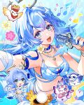 1girl absurdres bare_shoulders bikini blue_hair breasts chibi cleavage commentary facial_mark flower green_eyes hair_ornament halo head_wings heart heart_facial_mark highres honkai:_star_rail honkai_(series) jewelry long_hair looking_at_viewer mark_under_eye microphone musical_note navel necklace official_alternate_costume open_mouth robin_(honkai:_star_rail) robin_(summeretto)_(honkai:_star_rail) second-party_source shibuki_kamone smile star_(symbol) star_facial_mark star_print starfish_hair_ornament sunflower swimsuit very_long_hair white_bikini white_wings wings 