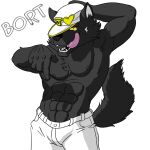  abs alpha_channel anthro black_body black_fur black_nose bort_(gabshiba) bottomwear canid canine canis chest_tuft clothed clothing domestic_dog fur gab_(comic) gesture hand_behind_head hat headgear headwear licking licking_lips licking_own_lips looking_at_viewer male mammal muscular muscular_anthro muscular_male open_mouth pants pointing pointing_down seiferwolfdragon self_lick simple_background solo standing tamaskan_dog tongue tongue_out topless transparent_background tuft white_bottomwear white_clothing white_hat white_headwear white_pants yellow_eyes 
