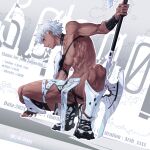 1boy abs absurdres anus arsh_(thestarwish) axe collar dark-skinned_male dark_skin fingerless_gloves gloves highres holding holding_axe holding_weapon jewelry loincloth male_focus muscular muscular_male navel nipples original pectorals penis pixiv_username red_eyes ring see-through_clothes see-through_loincloth shoes solo spiked_collar spikes testicles thighs twitter_username weapon white_hair 
