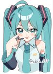  1girl :p ahoge akanbe aqua_eyes aqua_hair aqua_trim bare_shoulders black_sleeves blush_stickers collared_shirt commentary_request detached_sleeves double-parted_bangs eyelid_pull finger_to_eye frilled_shirt frills hair_between_eyes hair_intakes hair_ornament hand_up hatsune_miku headset highres long_hair looking_at_viewer number_tattoo shirt simple_background sleeveless sleeveless_shirt solo tananuki tattoo tongue tongue_out twintails twitter_username upper_body v-shaped_eyebrows vocaloid white_background white_shirt 