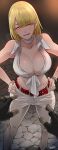  1girl ashley_graham blonde_hair bracelet breasts butcha-u cleavage eyebrows_visible_through_hair fingerless_gloves gloves highres jewelry large_breasts looking_at_viewer open_mouth pants red_eyes resident_evil resident_evil_4 shirt short_hair signature white_pants white_shirt 