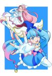  2girls 311dhike :d ahoge ankle_boots arm_bow arm_up ascot asymmetrical_bangs bare_shoulders blue_background blue_boots blue_bow blue_cape blue_dress blue_eyes blue_hair boots border bow braid brooch cape commentary cure_prism cure_sky cut_bangs detached_sleeves diagonal_bangs dress dress_bow earrings elbow_gloves floating_cape foreshortening frills fringe-trimmed_cape fringe_trim full_body gloves gradient_hair green_eyes hair_between_eyes hair_bow hair_ornament half_up_braid halter_dress halterneck hand_up heart heart_ahoge highres hirogaru_sky!_precure jewelry knee_up long_hair looking_at_viewer magical_girl medium_dress multicolored_hair multiple_girls nijigaoka_mashiro open_hand open_mouth outstretched_arm petticoat pink_bow pink_hair pink_streaks precure puffy_detached_sleeves puffy_sleeves reaching reaching_towards_viewer red_cape side_braids single_bare_shoulder single_earring single_hair_streak single_sidelock sleeveless sleeveless_dress smile sora_harewataru sphere_earrings spread_fingers streaked_hair swept_bangs teeth thighhighs twintails twitter_username two-sided_cape two-sided_fabric two-tone_dress two-tone_hair upper_teeth_only very_long_hair white_ascot white_boots white_border white_bow white_dress white_gloves white_thighhighs wing_brooch wing_hair_ornament 