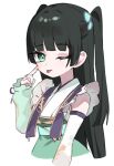  1girl :p ;p akanbe black_hair blush eyelid_pull flat_chest green_eyes hime_cut long_hair looking_at_viewer megohime_(nashi) nashi_(shi_ra_nu_i) one_eye_closed original sengoku_musou smile solo tongue tongue_out two_side_up upper_body 