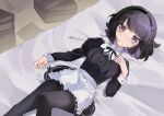  1girl apron bishoujo_mangekyou:_kami_ga_tsukuritamouta_shoujo-tachi bishoujo_mangekyou_(series) black_eyes black_hair black_pantyhose book book_stack breasts commentary_request dorothy_(bishoujo_mangekyou) expressionless hairband highres looking_at_viewer lying maid nashi_(shi_ra_nu_i) on_back on_bed pantyhose short_hair small_breasts solo 
