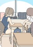  2boys 2girls backpack bag bare_arms bare_legs bare_shoulders barefoot blue_background blue_one-piece_swimsuit chair collared_shirt commentary_request desk dress_shirt grey_shoes grey_skirt indoors juukyuu loafers multiple_boys multiple_girls on_chair one-piece_swimsuit original pleated_skirt school_chair school_desk school_uniform shirt shoes short_sleeves sitting sitting_backwards skirt socks swimsuit towel two-tone_background unworn_backpack unworn_bag unworn_shirt unworn_shoes unworn_skirt unworn_socks wet wet_clothes wet_shoes wet_skirt wet_socks white_background white_shirt white_socks window 