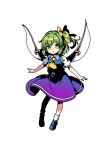  1girl ascot blue_shoes blue_skirt blue_vest bow collared_shirt commentary daiyousei fairy fairy_wings full_body gradient_clothes gradient_skirt green_eyes green_hair hair_bow highres limone_illust loafers looking_at_viewer one_side_up puffy_short_sleeves puffy_sleeves purple_skirt shirt shoes short_sleeves simple_background skirt socks solo touhou vest white_background white_shirt white_socks wings yellow_ascot yellow_bow 