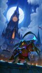  absurdres artist_name castle clothed_pokemon cloud coin colored_skin commentary english_commentary european_architecture fantasy full_moon gold_coin green_skin grovyle highres holding_chest moon multicolored_skin night outdoors pokemon pokemon_(creature) pokemon_mystery_dungeon realspacejunk red_skin slit_pupils solo treasure_chest two-tone_skin yellow_eyes 