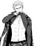  1boy abs belt buckle camouflage camouflage_jacket camouflage_pants clothes_lift collarbone commentary_request cowboy_shot dog_tags fingernails furrowed_brow greyscale groin hair_slicked_back head_tilt highres hip_bones hypnosis_mic jacket jacket_on_shoulders kubiki_(hypnosis_mic) lifting_own_clothes long_sleeves looking_to_the_side male_focus male_underwear male_underwear_peek military_fatigues military_uniform mismatched_eyebrows monochrome muscular muscular_male navel_hair pants pectorals serious shirt shirt_lift short_hair sideways_glance simple_background snap-fit_buckle solo straight-on suko_mugi sweat turtleneck turtleneck_shirt underwear very_short_hair white_background 