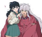  1boy 1girl animal_ears arm_around_shoulder bead_necklace beads black_hair blue_eyes breasts closed_mouth commentary_request couple cowboy_shot dog_ears fang finger_to_another's_cheek green_sailor_collar green_skirt grey_hair hair_between_eyes hetero highres higurashi_kagome inuyasha inuyasha_(character) japanese_clothes jay_03010 jewelry kariginu korean_commentary light_blush looking_at_another medium_breasts messy_hair neckerchief necklace open_mouth pleated_skirt red_neckerchief red_shirt sailor_collar school_uniform serafuku shirt sidelocks skirt smile sweatdrop tooth_necklace upper_body white_background white_shirt yellow_eyes 