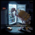  bird black_border blue_eyes border commentary drink_carton english_commentary english_text espathra highres indoors milk_carton night outside_border pokemon pokemon_(creature) ram_tavern refrigerator solo 