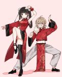  2girls :o abs absurdres ahoge arm_up armpits bare_shoulders black_hair black_shoes black_skirt black_thighhighs blunt_bangs blush breasts brown_hair bun_cover chinese_clothes colored_inner_hair commentary_request cropped_shirt detached_sleeves double-parted_bangs double_bun dress earrings fighting_stance floral_print floral_print_dress floral_print_shirt frilled_wrist_cuffs frills fur-trimmed_shirt fur_trim glasses grey_pants grin hair_between_eyes hair_bun hatopippi45 high_heels highres jewelry leg_up light_particles long_hair long_sleeves looking_at_viewer low_side_ponytail mandarin_collar medium_breasts medium_hair midriff miniskirt multicolored_hair multiple_girls navel original outstretched_arm outstretched_leg pankou pants parted_lips pelvic_curtain pink-tinted_eyewear pink_background pink_hair plantar_flexion pleated_skirt ponytail print_dress print_shirt qipao red_dress red_eyes red_hair red_shirt red_wrist_cuffs round_eyewear scar scar_on_stomach shirt shoes short_ponytail side_ponytail side_slit simple_background single_detached_sleeve single_thighhigh single_wrist_cuff skirt skirt_under_dress sleeveless sleeveless_dress smile sparkle standing standing_on_one_leg tassel tassel_earrings thighhighs tinted_eyewear toned toned_female wide_sleeves wrist_cuffs 