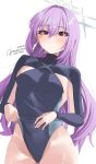  1girl absurdres armpit_cutout atsuko_(blue_archive) atsuko_(leotard)_(blue_archive) blue_archive clothing_cutout commentary commission freshbeef halo highleg highleg_leotard highres leotard long_hair purple_hair purple_leotard red_eyes solo sweat turtleneck turtleneck_leotard white_background white_halo 