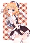  1girl animal_ears ass blonde_hair blue_eyes blush commentary_request flat_chest fleur_de_lapin_uniform gochuumon_wa_usagi_desu_ka? hairband highres holding holding_tray hug kirima_syaro lolita_hairband looking_at_viewer maron_cake open_mouth rabbit_ears short_hair solo tearing_up thighhighs tray waitress white_thighhighs 